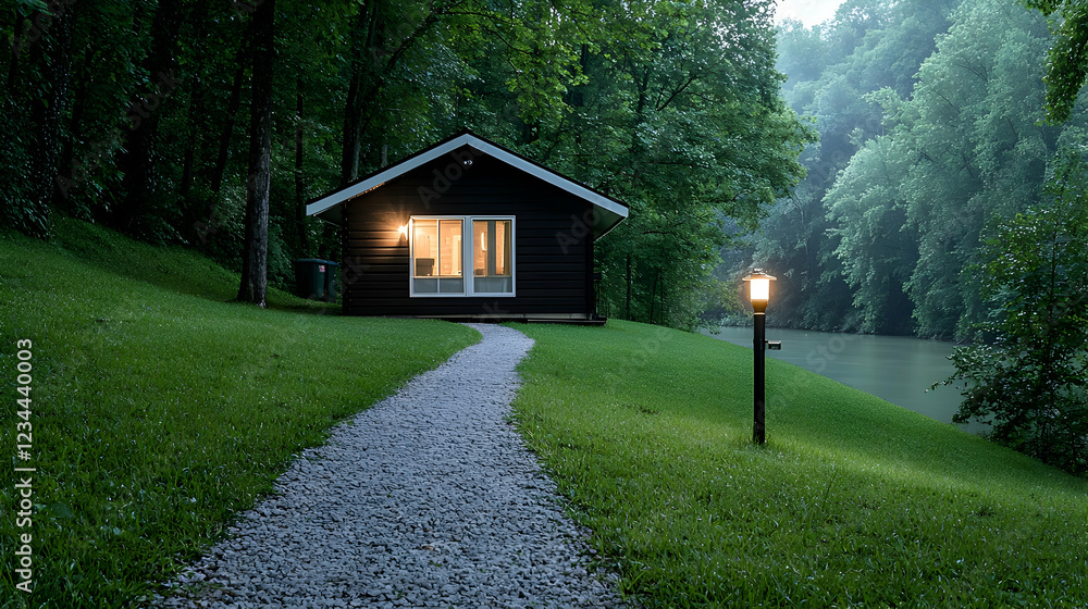 Secluded cabin by river at dusk, nature backdrop, peaceful getaway Secluded cabin by river at dusk, nature backdrop, peaceful getaway