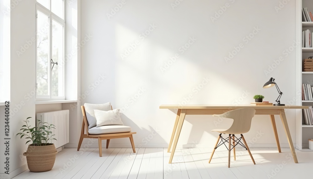 Fototapeta premium Bright Minimalist Home Office Design with Wooden Desk and Chair