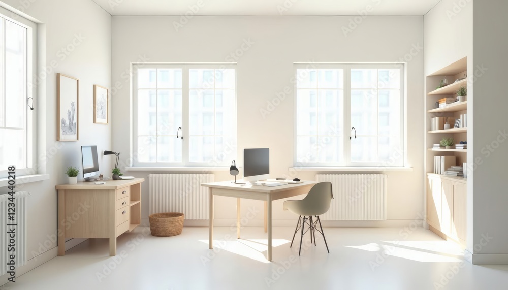 Fototapeta premium Bright Minimalist Home Office Design with Wooden Furniture