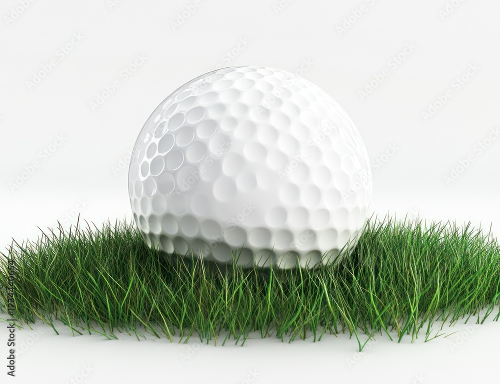 Golf ball on green grass, white background; sport, leisure Golf ball on green grass, white background; sport, leisure