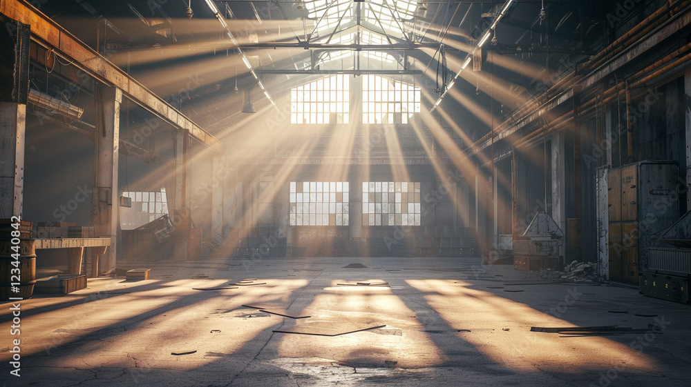 Industrial Warehouse Interior: The vast interior of an old industrial warehouse, with beams of light streaming through broken windows onto dusty floors. Industrial Warehouse Interior: The vast interior of an old industrial warehouse, with beams of light streaming through broken windows onto dusty floors.