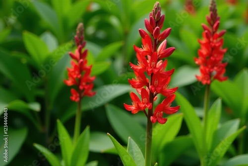 Tall red flowers of Lychnis chalcedonica bloom against a green leafy background, garden, landscape, flowers photo