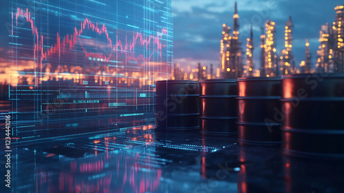 Digital financial data with oil barrels, representing the oil industry market trends and its correlation with global trade and economic growth. photo