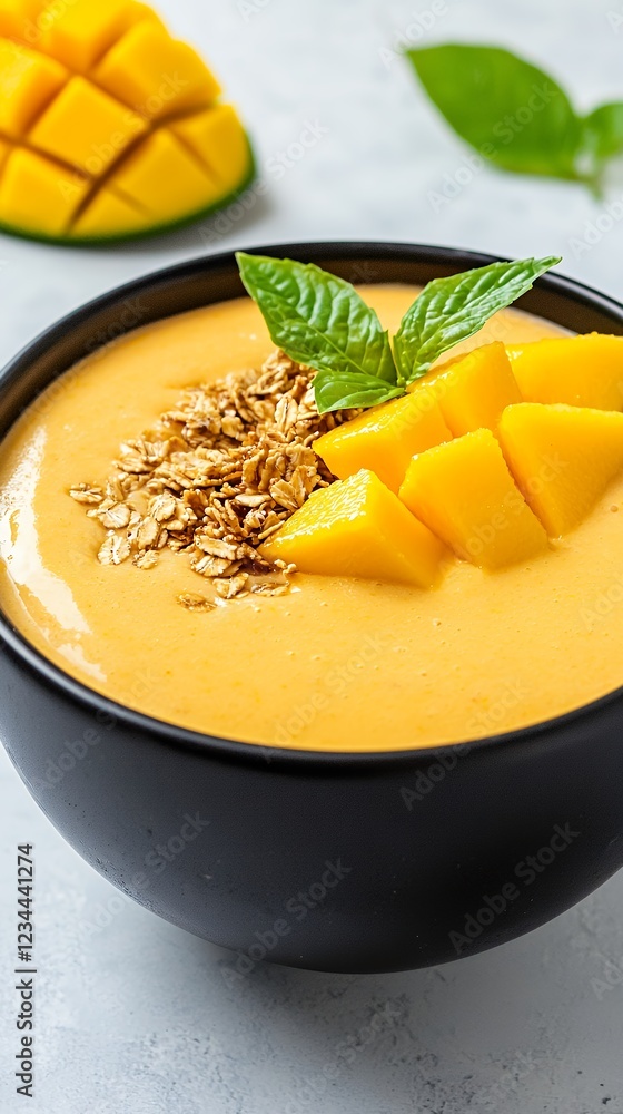 Delicious Mango Smoothie Bowl with Granola and Fresh Mango Chunks, A Refreshing and Healthy Breakfast or Snack Option Perfect for Delicious Mango Smoothie Bowl with Granola and Fresh Mango Chunks, A Refreshing and Healthy Breakfast or Snack Option Perfect for