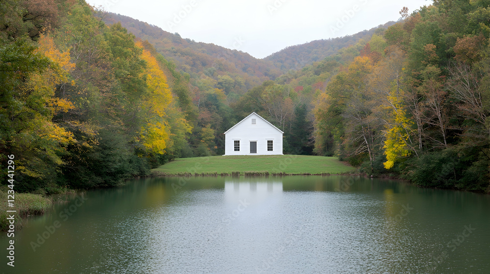 White church by autumn lake, hills. Peaceful landscape White church by autumn lake, hills. Peaceful landscape