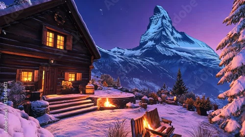 Cozy wooden cabin under a starry night sky near the Matterhorn in winter wonderland