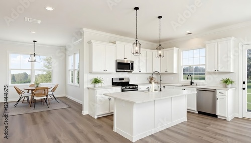 Wallpaper Mural Bright White Kitchen Design with Island and Dining Area Torontodigital.ca