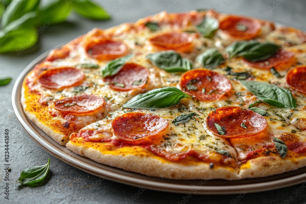 Delicious pepperoni pizza topped with fresh basil and herbs served on a wooden table Delicious pepperoni pizza topped with fresh basil and herbs served on a wooden table