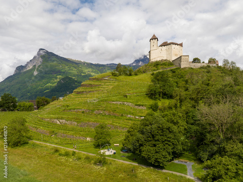 Gutenberg Castle - Medieval Burg in town of Balzers, Principality of Liechtenstein. Aerial Picturesque summer landscape photo