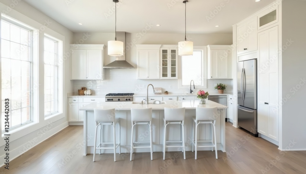 Bright White Kitchen Design with Island and Large Windows Bright White Kitchen Design with Island and Large Windows