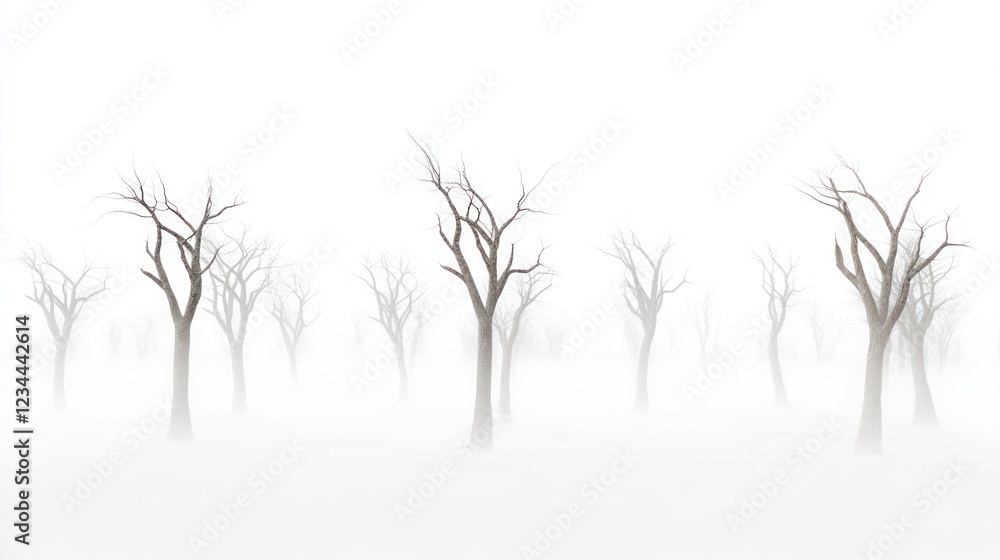 Fototapeta premium Foggy forest, leafless trees, winter landscape, serene mood, nature background