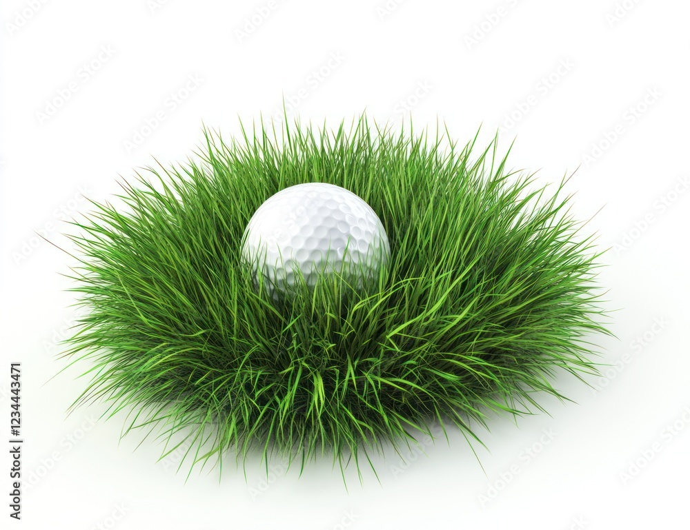 Golf ball nestled in green grass, isolated on white, for sports websites Golf ball nestled in green grass, isolated on white, for sports websites