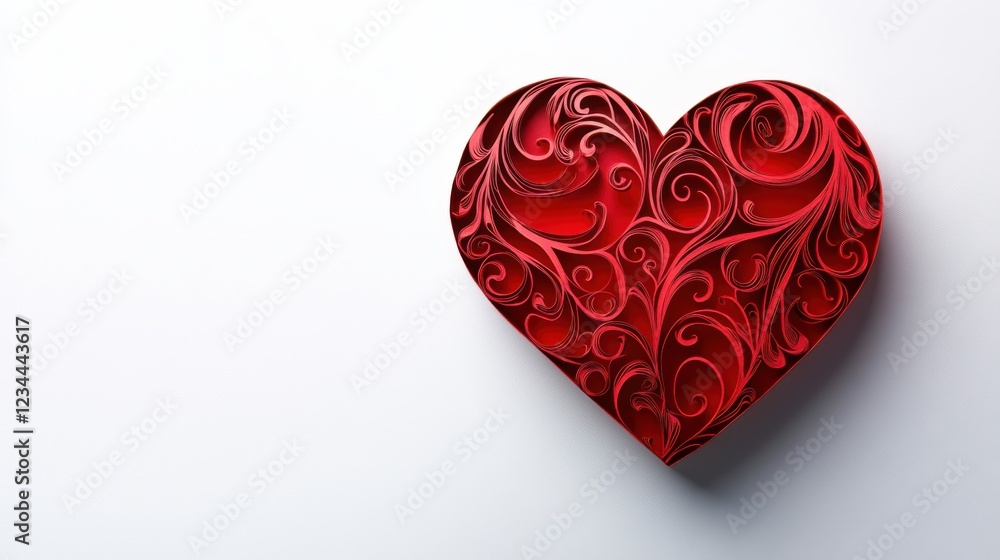 Intricate Red Heart with Swirling Patterns on White Background Intricate Red Heart with Swirling Patterns on White Background
