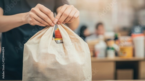 A close-up of hands tying a donation bag filled with humanitarian aid, symbolizing compassion and generosity. The bag contains carefully packed supplies, including bottled water, canned food, and