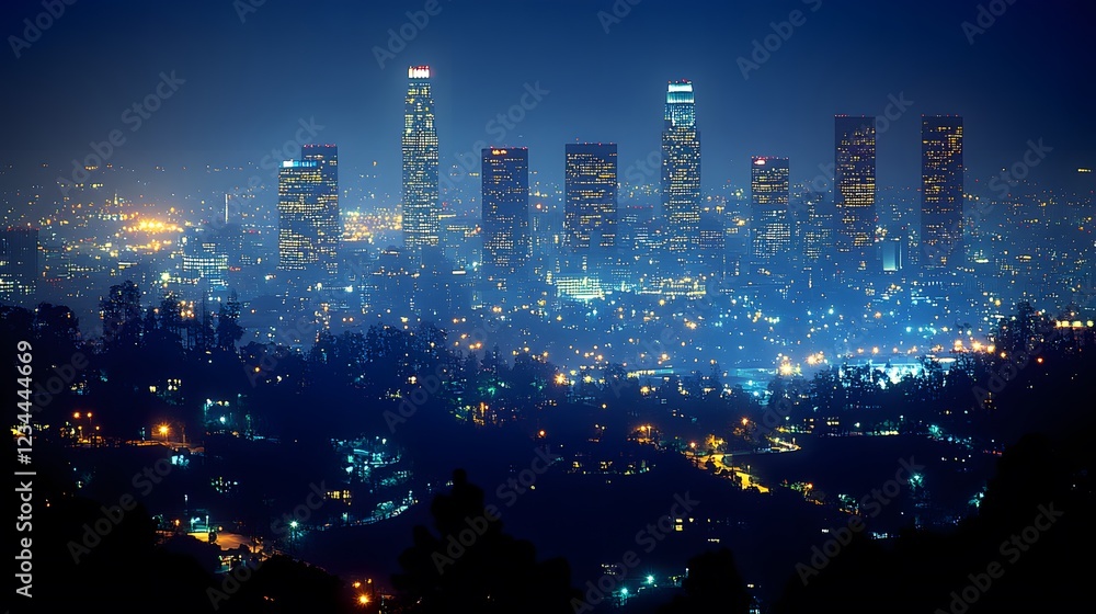 Obraz premium Griffith Observatory overlooking city skyline at night, twinkling lights, deep blue sky