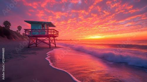 Santa Monica beach with colorful lifeguard tower, waves crashing, golden hour lighting