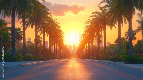Palm trees lining a street with the downtown skyline in the background, soft warm light