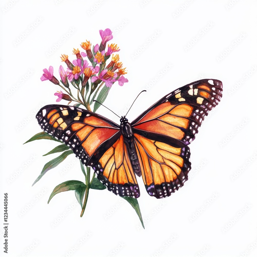 Fototapeta premium Detailed Illustration of a Monarch Butterfly Perched on a Vibrant Flower in a Natural Setting