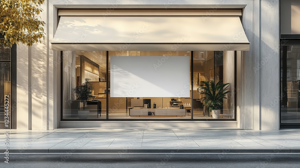 Elegant Storefront with Empty Display Window Surrounded by Modern Decorations and Natural Light Elegant Storefront with Empty Display Window Surrounded by Modern Decorations and Natural Light