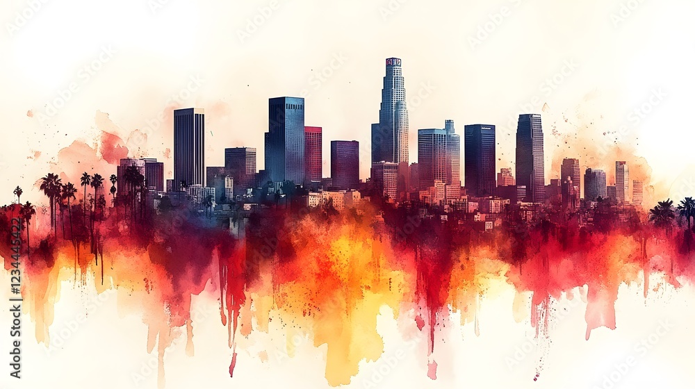 Artistic watercolor illustration of Los Angeles skyline, soft brush strokes, warm tones Artistic watercolor illustration of Los Angeles skyline, soft brush strokes, warm tones
