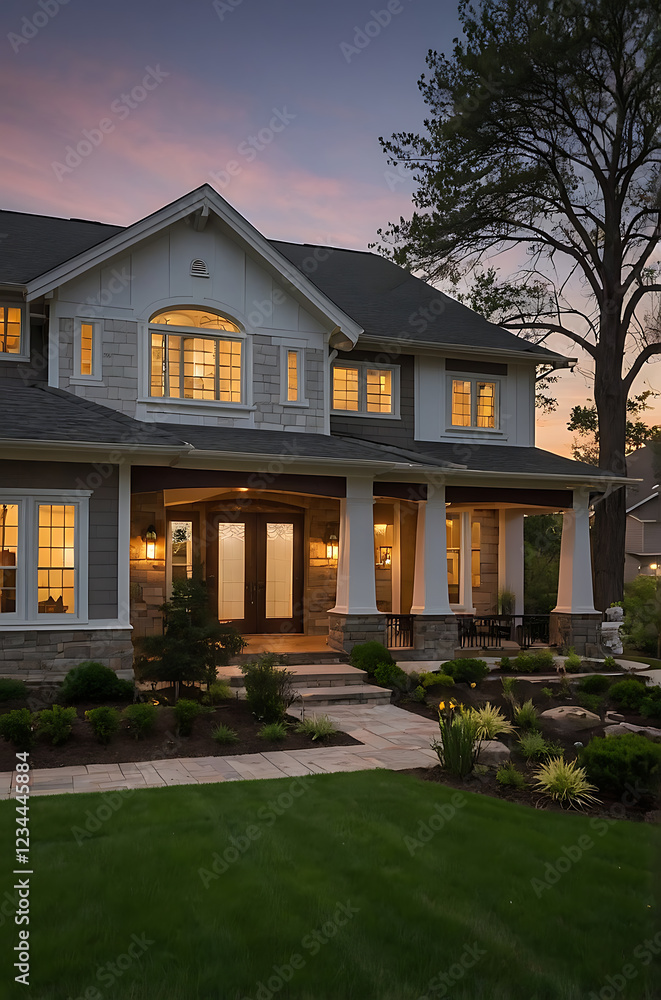 Luxury Dream Home at Dusk: Captivating Exterior Design and Landscaping Luxury Dream Home at Dusk: Captivating Exterior Design and Landscaping