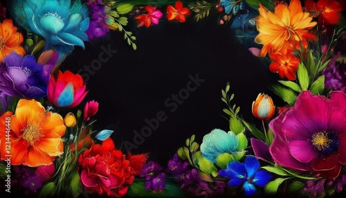 beautiful spring flowers frame border on black background graphic resource with copy space for text