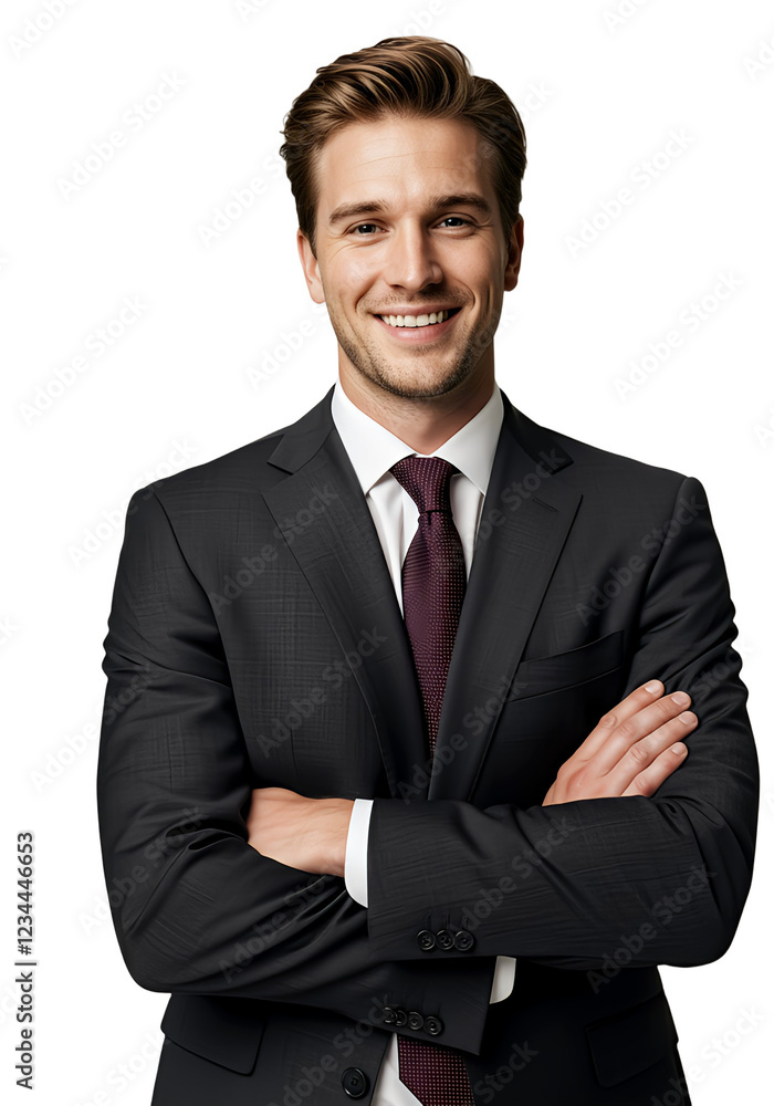Portrait of businessman in suit and tie crossing hands and smiling, young Portrait of businessman in suit and tie crossing hands and smiling, young