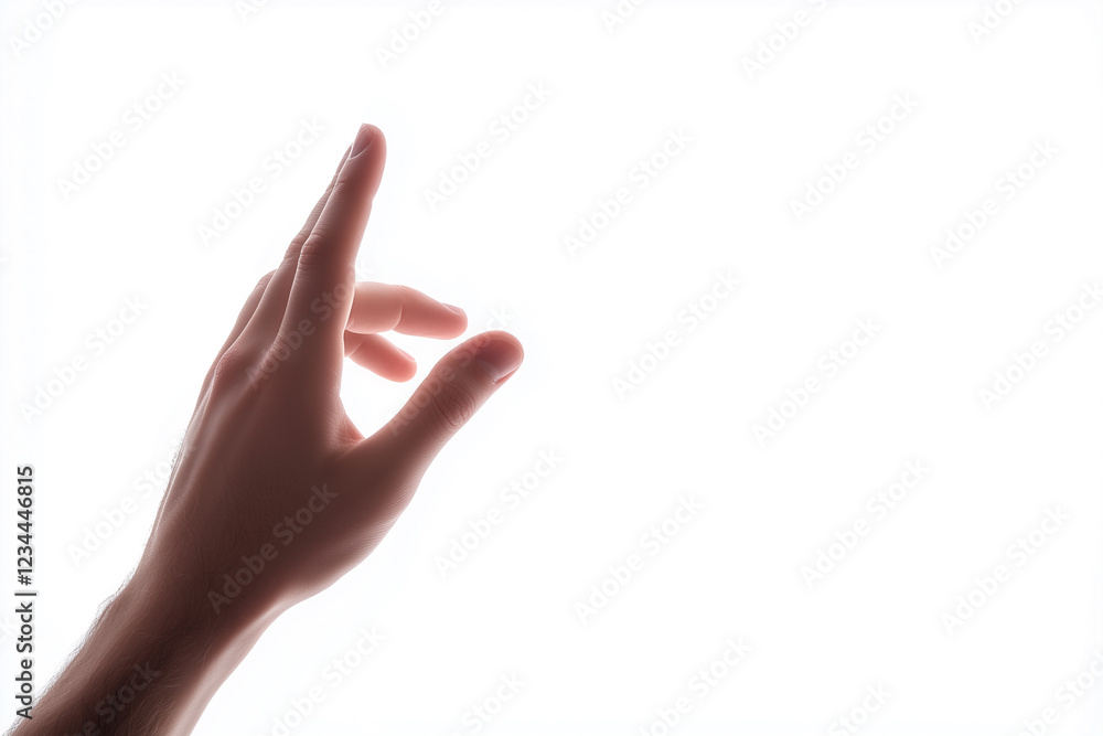 Touching a virtual screen with a hand against a plain white background Touching a virtual screen with a hand against a plain white background