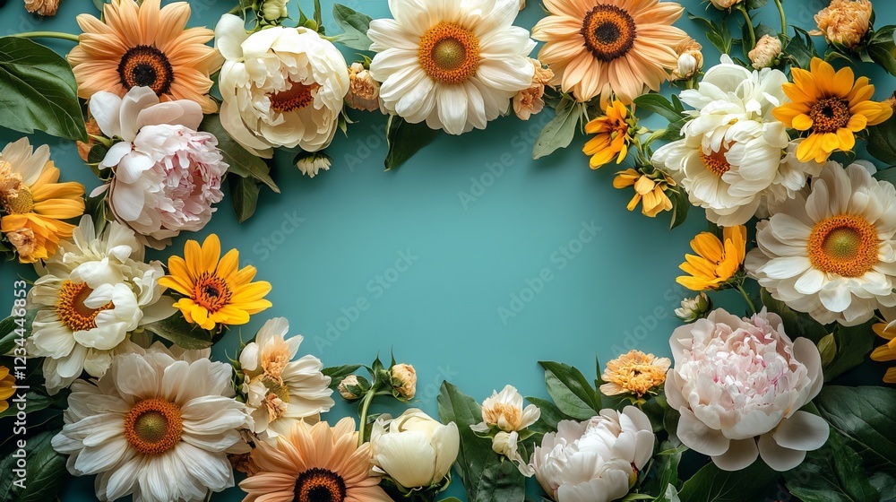 Fototapeta premium Beautiful Heart Shaped Flower Wreath with Vibrant Blooms Creating a Romantic and Whimsical Atmosphere