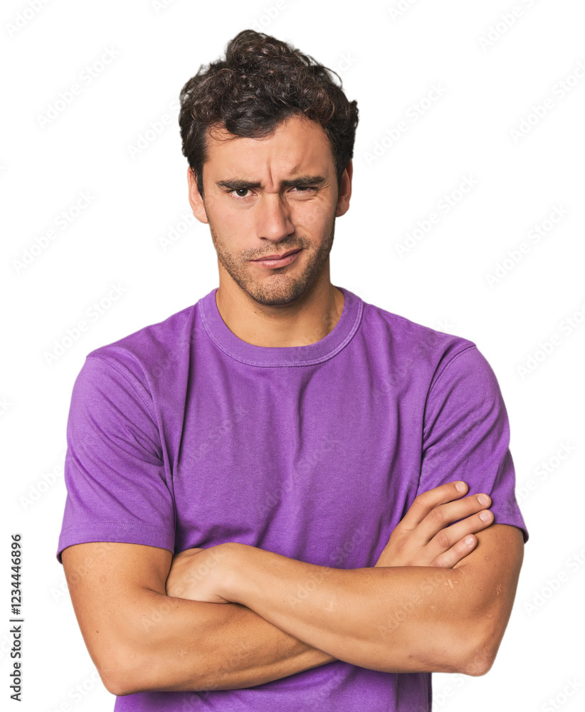 Obraz premium Young Hispanic man in studio unhappy looking in camera with sarcastic expression.