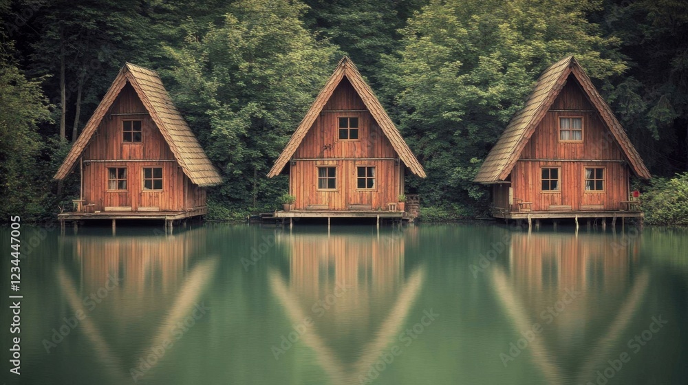 Obraz premium Tranquil wooden cabins by a serene lake surrounded by lush greenery at dawn