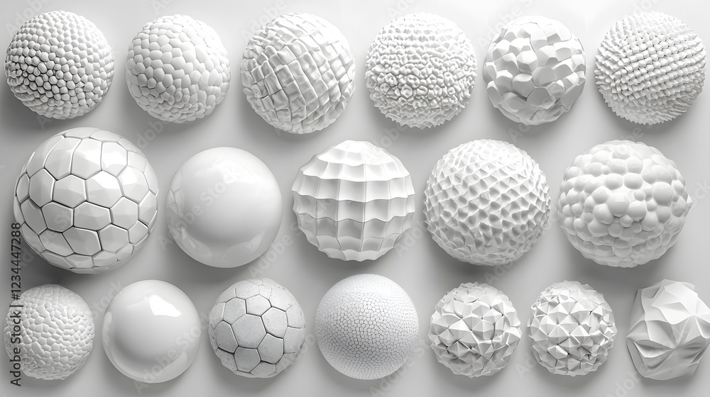 A Collection of White Textured Spheres Showcasing Various Patterns and Shapes Ideal for Use in Modern Design, Art Projects, or Scientific Illustrations A Collection of White Textured Spheres Showcasing Various Patterns and Shapes Ideal for Use in Modern Design, Art Projects, or Scientific Illustrations