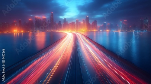 Nighttime Cityscape with Light Trails over Water and Dramatic Sky Above, Vibrant