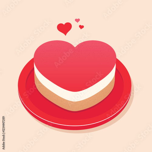 Red heart-shaped tiramisu cake. Cute cartoon sweet dessert. Valentine's Day concept. Isolated vector illustration.