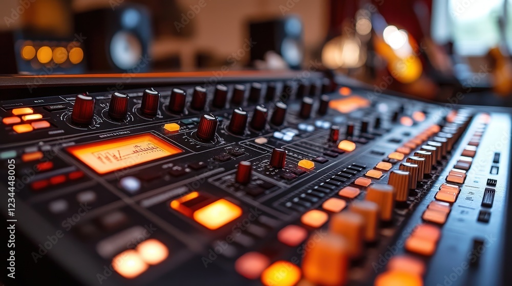 Close-Up View of a Mixing Console in a Music Studio with Illuminated Controls and Professional Equipment Close-Up View of a Mixing Console in a Music Studio with Illuminated Controls and Professional Equipment