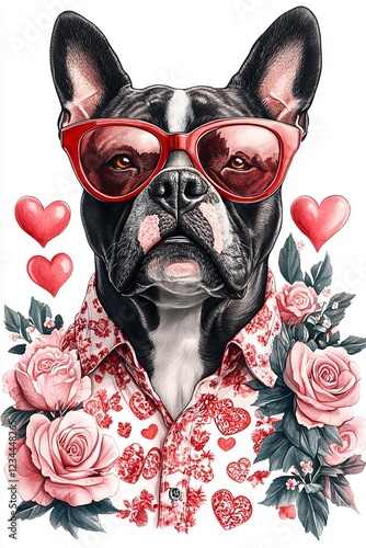 Stylish dog in sunglasses surrounded by hearts and flowers. photo