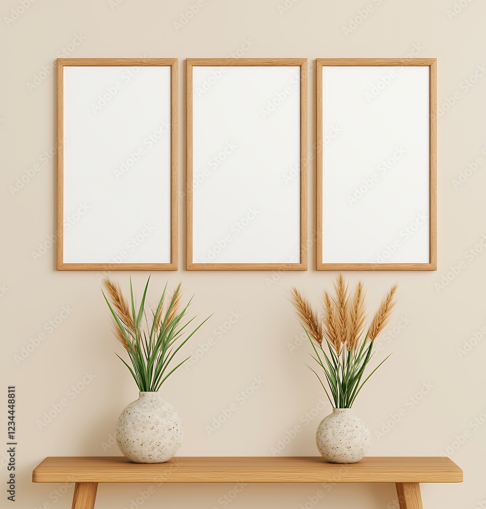 Blank Wooden Frames with Dried Grasses on Beige Wall Blank Wooden Frames with Dried Grasses on Beige Wall