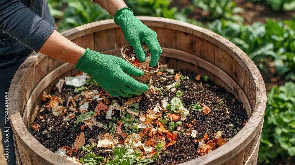Fototapeta premium A lush backyard garden with a neatly organized composting station, featuring a wooden compost bin filled with organic waste such as vegetable peels, coffee grounds, and dry leaves. A person wearing