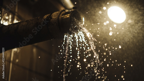 Water leaking from a rusty pipe with a bright light shining through droplets, creating a dramatic effect, symbolizing decay, industrial leakage, and the interplay of light on water. photo