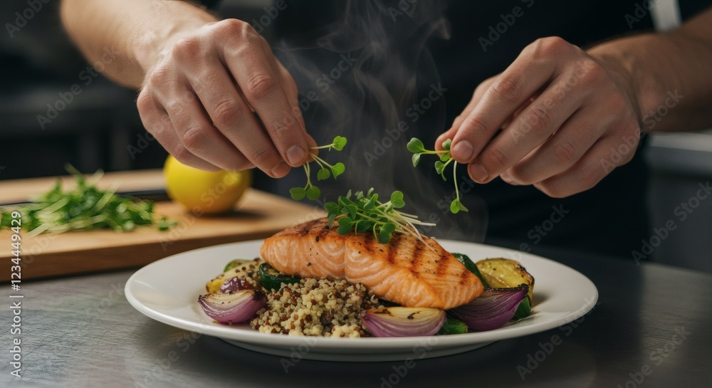 Grilled Salmon with Quinoa and Microgreens Gourmet Dish Grilled Salmon with Quinoa and Microgreens Gourmet Dish