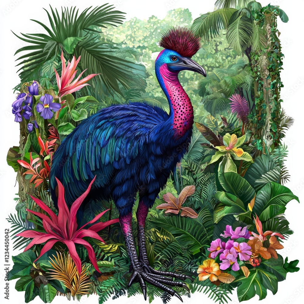Naklejka premium Vibrant Cassowary Bird Surrounded by Lush Tropical Foliage and Colorful Flowers in a Jungle Setting