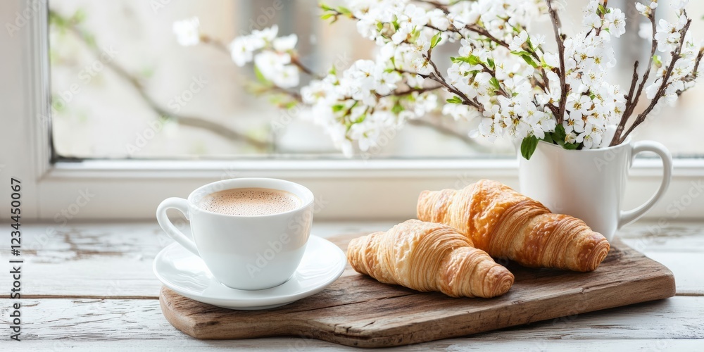 Spring Breakfast with Coffee and Croissants on Light Background, Copy Space Spring Breakfast with Coffee and Croissants on Light Background, Copy Space