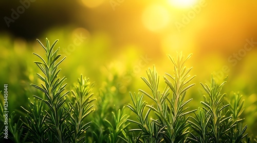 A green rosemary grassy field with artistic bokeh , copy space for text at the right side,