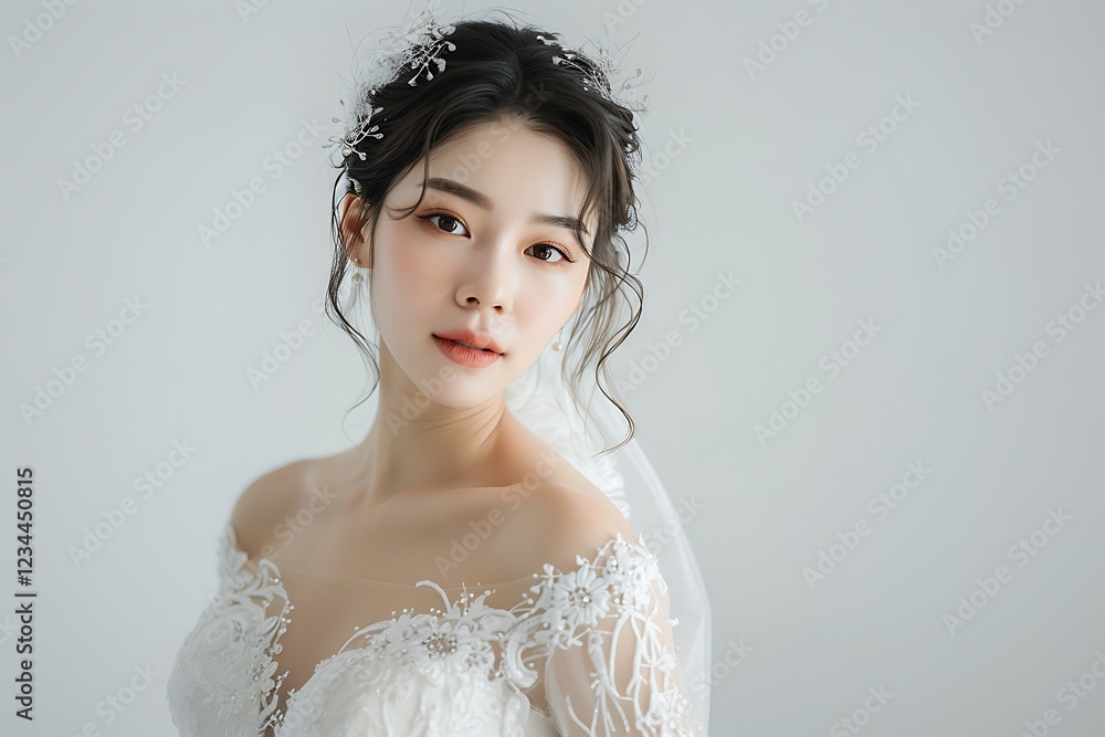 Elegant Bride in Stunning Wedding Dress with Delicate Accessories Elegant Bride in Stunning Wedding Dress with Delicate Accessories