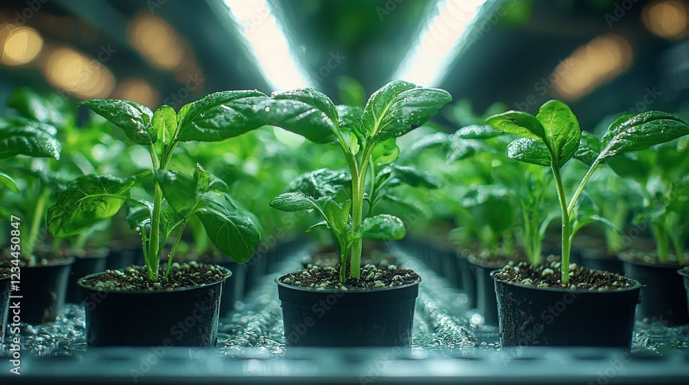 Lush Green Seedlings Flourishing Under Bright Grow Lights in a Modern Indoor Farming Setting Lush Green Seedlings Flourishing Under Bright Grow Lights in a Modern Indoor Farming Setting