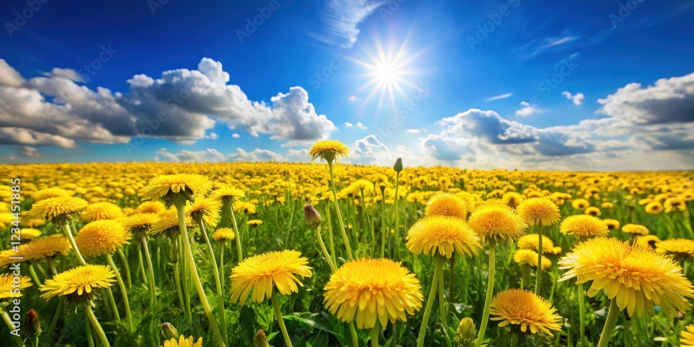 Obraz premium A sunny field with a sea of bright yellow dandelions swaying gently in the breeze under a brilliant blue sky with few white clouds , dandelion field, farm landscape