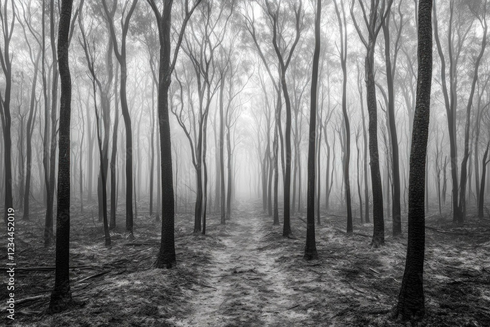 Fototapeta premium Enigmatic fog covered forest with tall trees creating a mysterious atmosphere, emphasizing nature s beauty and tranquility, perfect for exploration or meditation
