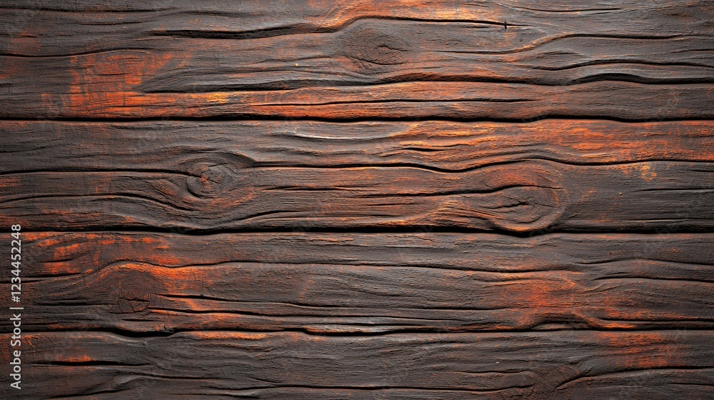 Naklejka premium Dark Brown and Orange Weathered Wood Texture Background