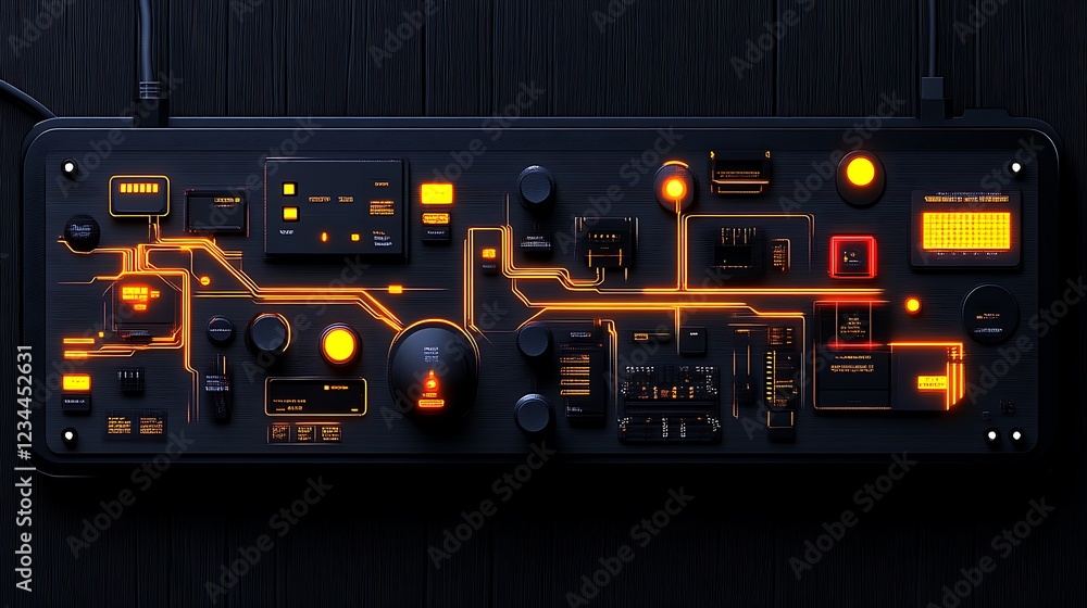 Futuristic Control Panel with Orange Glowing Lines and Buttons on Dark Surface 99 Futuristic Control Panel with Orange Glowing Lines and Buttons on Dark Surface 99