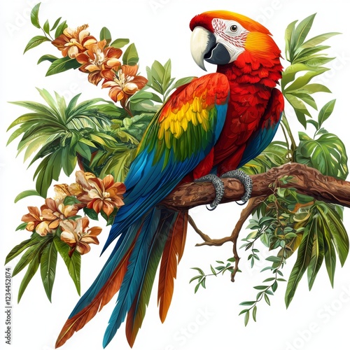 Vibrant Scarlet Macaw Perched on Tree Branch Surrounded by Tropical Flowers and Lush Green Foliage in a Sunny Environment